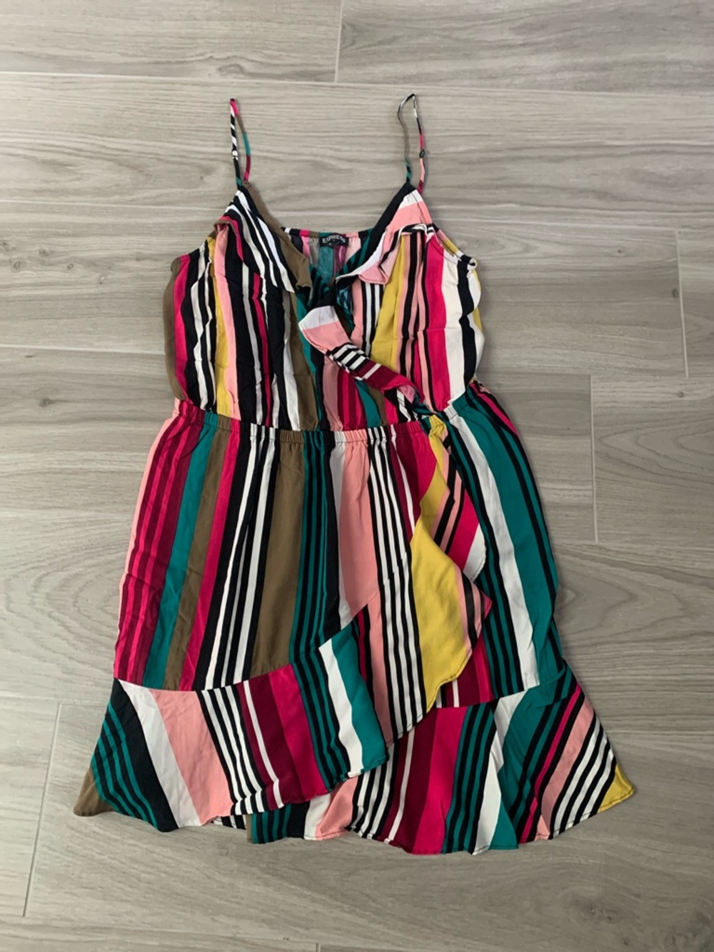 Express Striped Wrap-Front Mini Dress in Pink, Teal, Yellow, Black, White, Brown